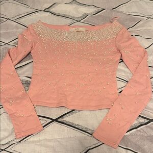 Elegant Pink Pearl-Embellished Women's Top
